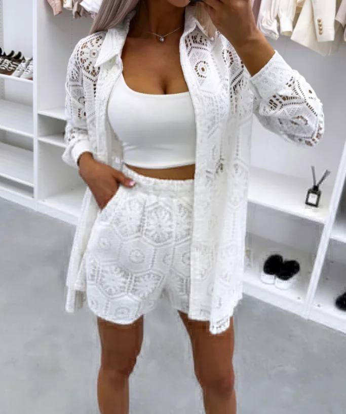 

Summer Women's Elegant 2-Piece Set with Lapel Lace Long Sleeved Shirt Jacket and Pocket Casual Elastic Waist Straight Shorts Set
