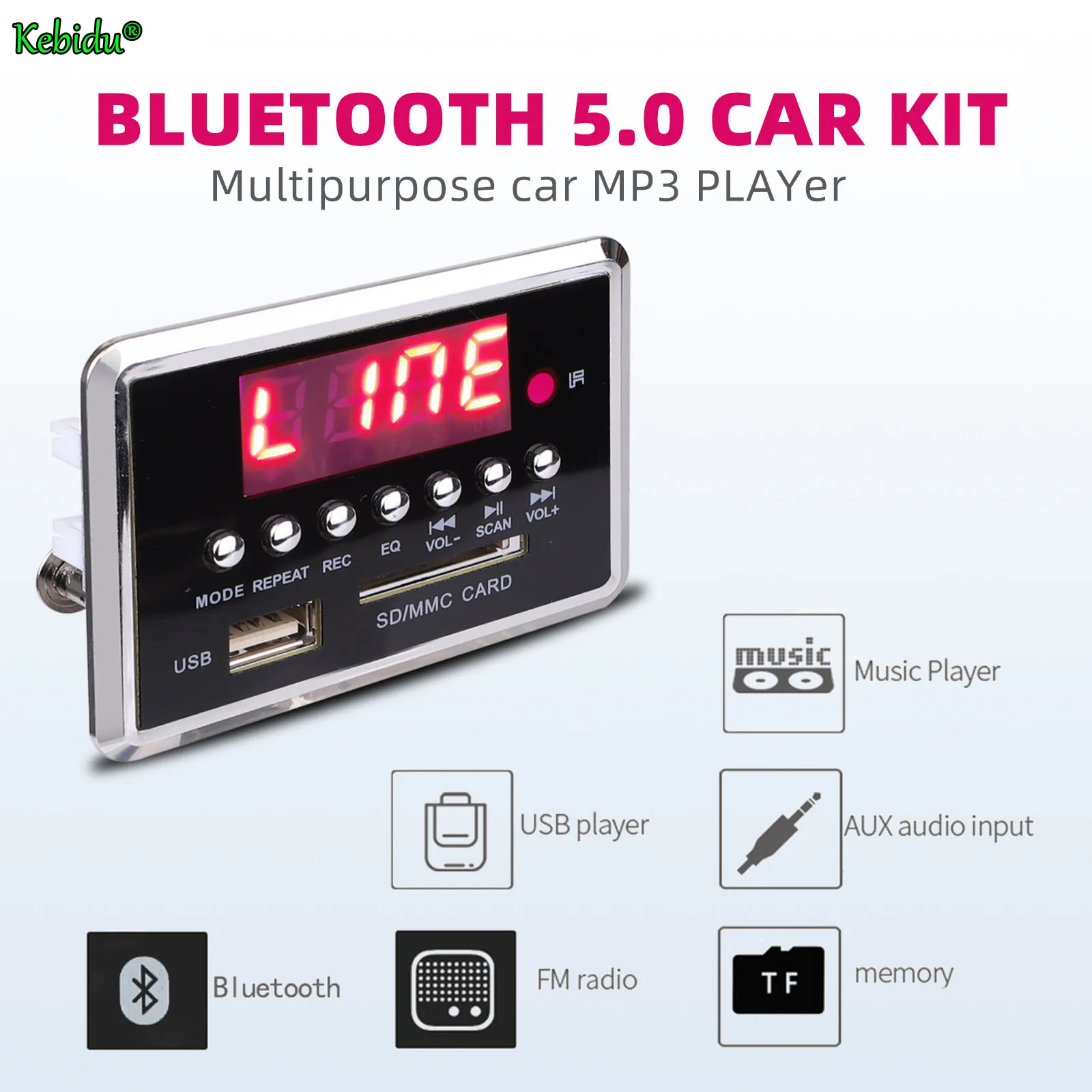 DC 12V LED Lossless Audio MP3 Player Wireless Bluetooth 5.0 MP3 Decoder Board Support USB/SD/LINE IN/FM/BLUETOOTH/Recording