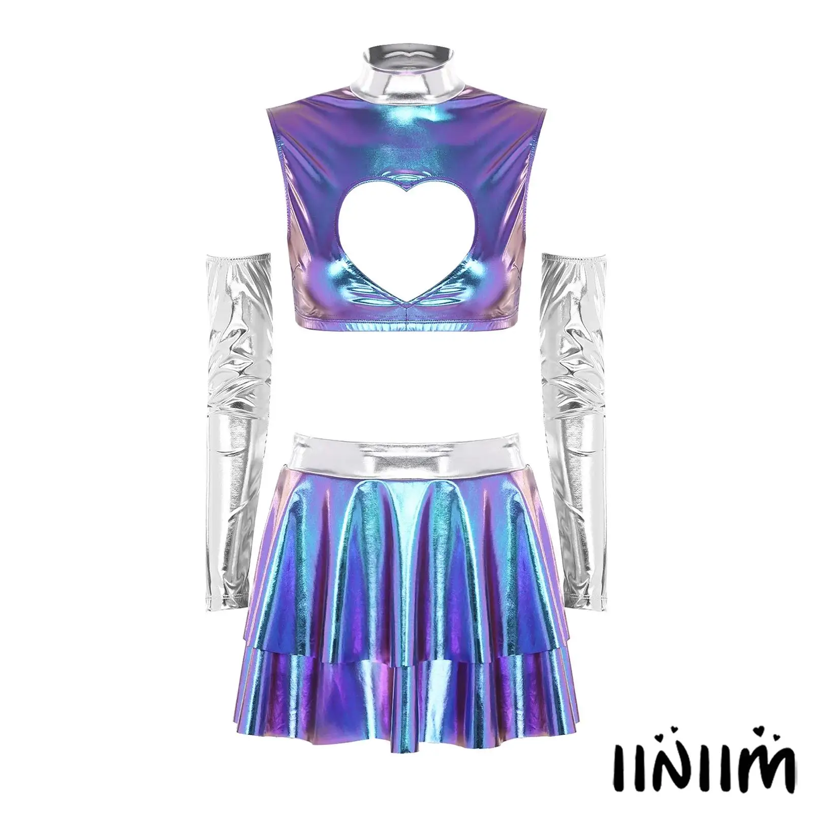 

Womens Whimsical Hero Crop Tank Top Set Outfits Hollow Crop Top+Detachable Sleeves+Tiered Ruffled Miniskirt for Fantasy Events