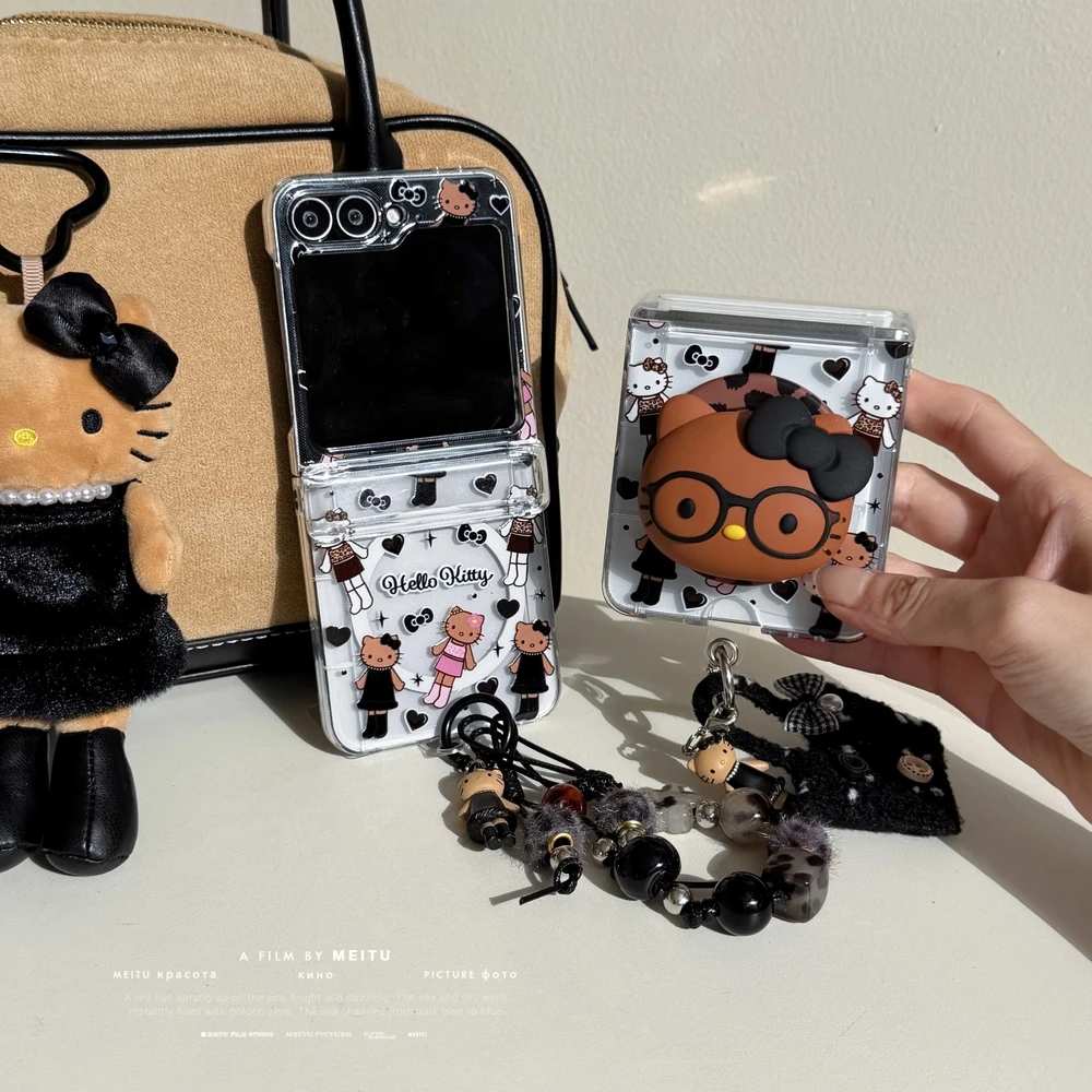 Sanrio Hello Kitty Magnetic Holder Magsafe Wireless Charge Phone Case For Samsung Galaxy Z Flip 7 6 5 Card Wallet Pocket Cover