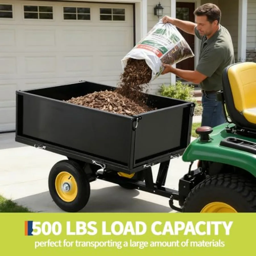 Heavy Duty Tow Behind ATV Trailer for Garden Use, Steel Construction, Black, 500LB Capacity 10-Cubic Feet with Removable Tailga