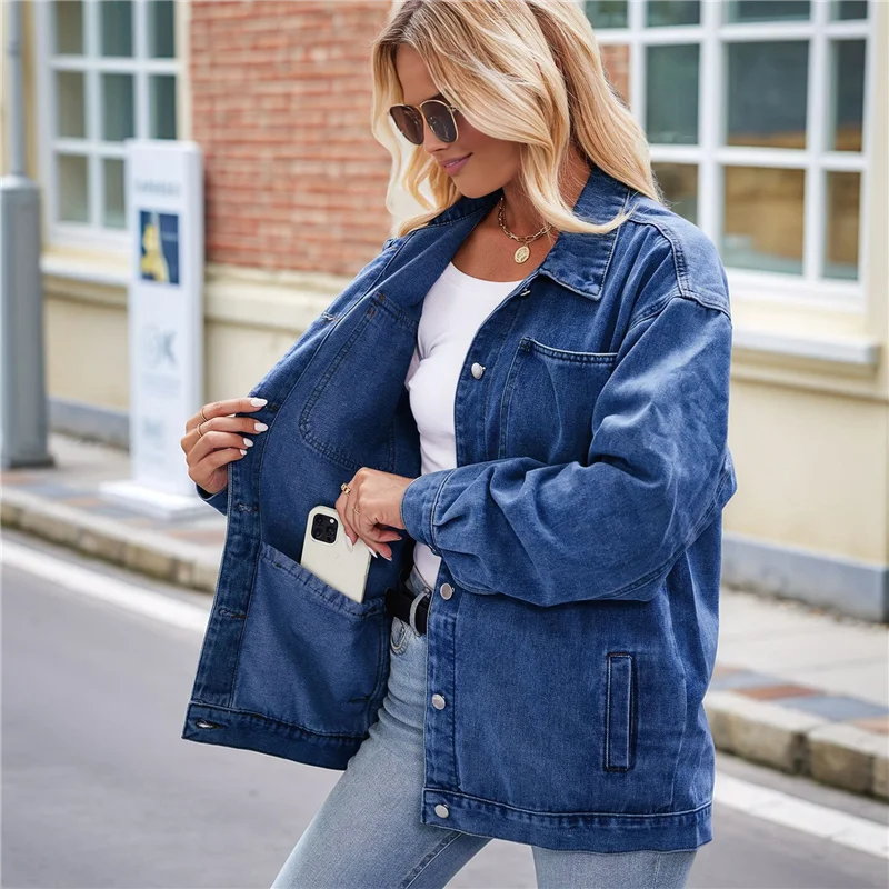 ABRT-Women Casual Long Sleeve Lapel Button Outerwear Loose Boyfriend Style Jacket Fashion Denim Jacket