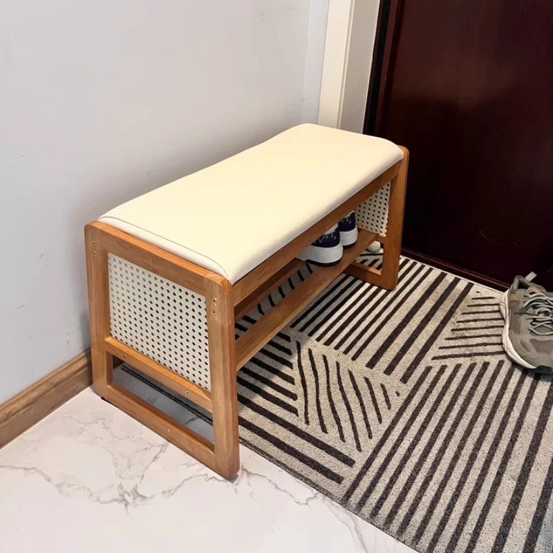 Nordic Shoe Cabinet 2 Layers Solid Wood Foot Stool Imitation Rattan Weaving Entrance Bench Comfort Seat Cushion Hallway Ottoman