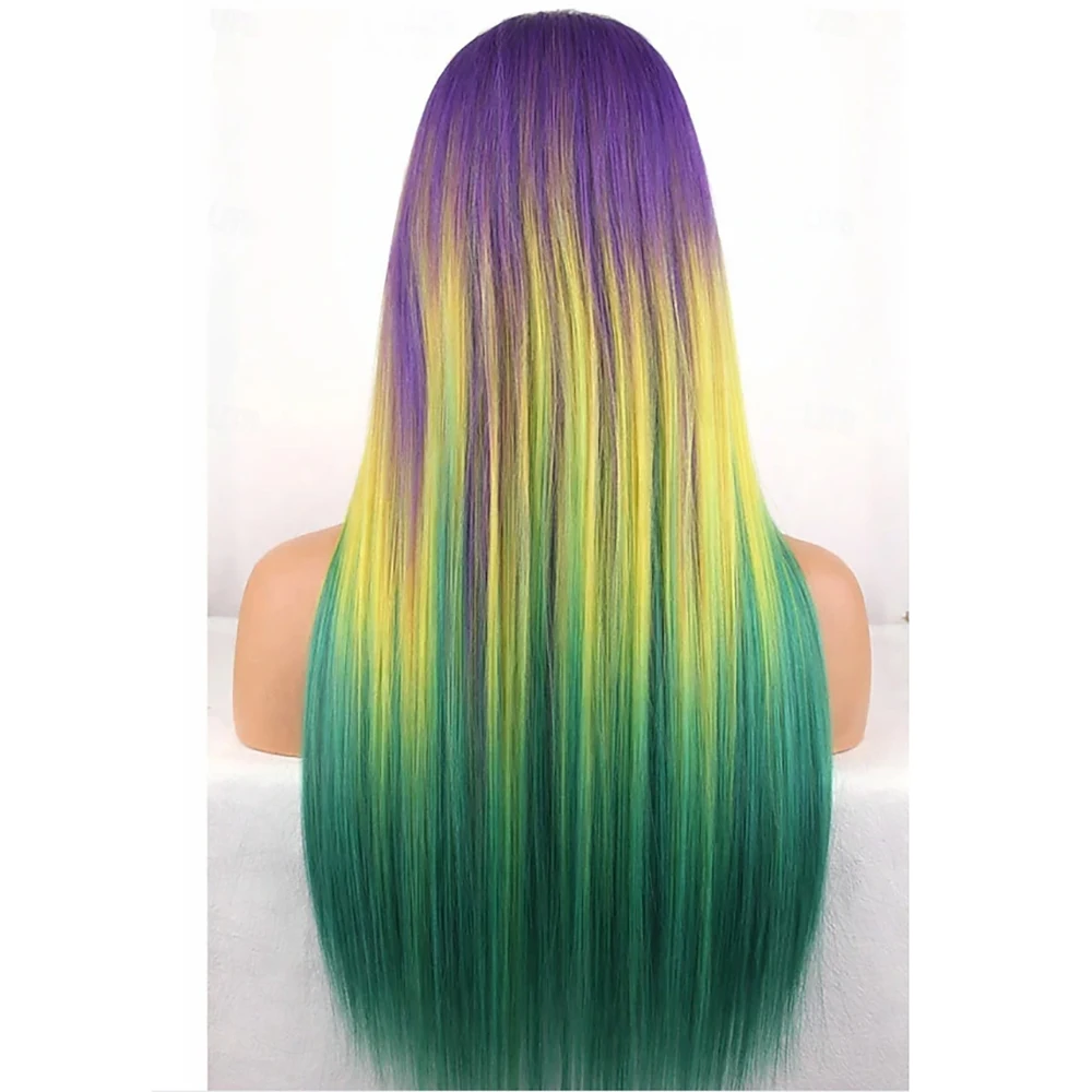 Synthetic Hair Carnival Wig Rainbow Straight Long  Middle Part Festival Wig Mardi Gras Parade Cosplay Costume Wig for Women