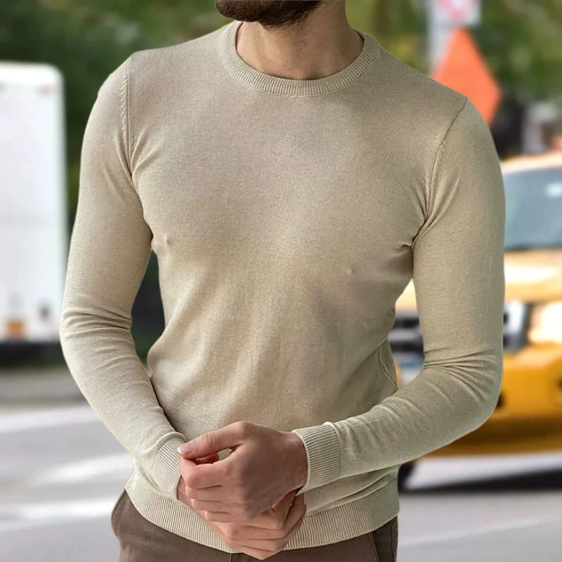 

Мужской роскошный модный весенне-осенний тонкий облегающий свитер с круглым вырезом, тонкий свитер с длинными рукавами, топ
