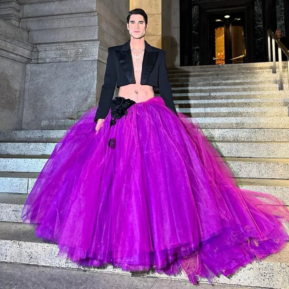 HOBBY Purple A-line Evening Skirt Low Waist Ruffled Layered Tulle Ball Gown With Train Custom Made Prom Skirts Plus Size