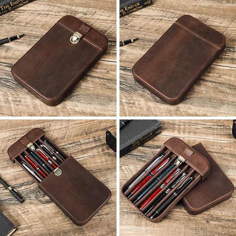 Handmade Genuine Leather Pencil Case with 6 Slots Detachable Drawer-style Fountain Pen Storage Box Travel Office Stationery