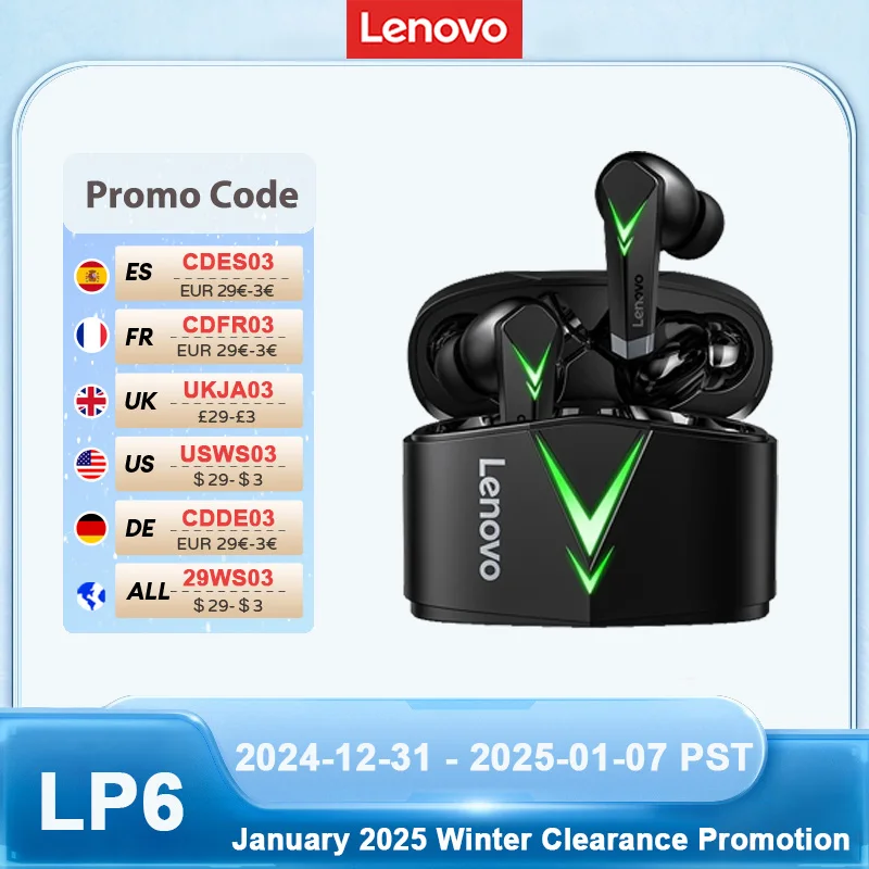 Original Lenovo LP6 Green Light Dual Mode Wireless Earbuds With Microphone Gaming Wireless Headphones Bluetooth Earphones