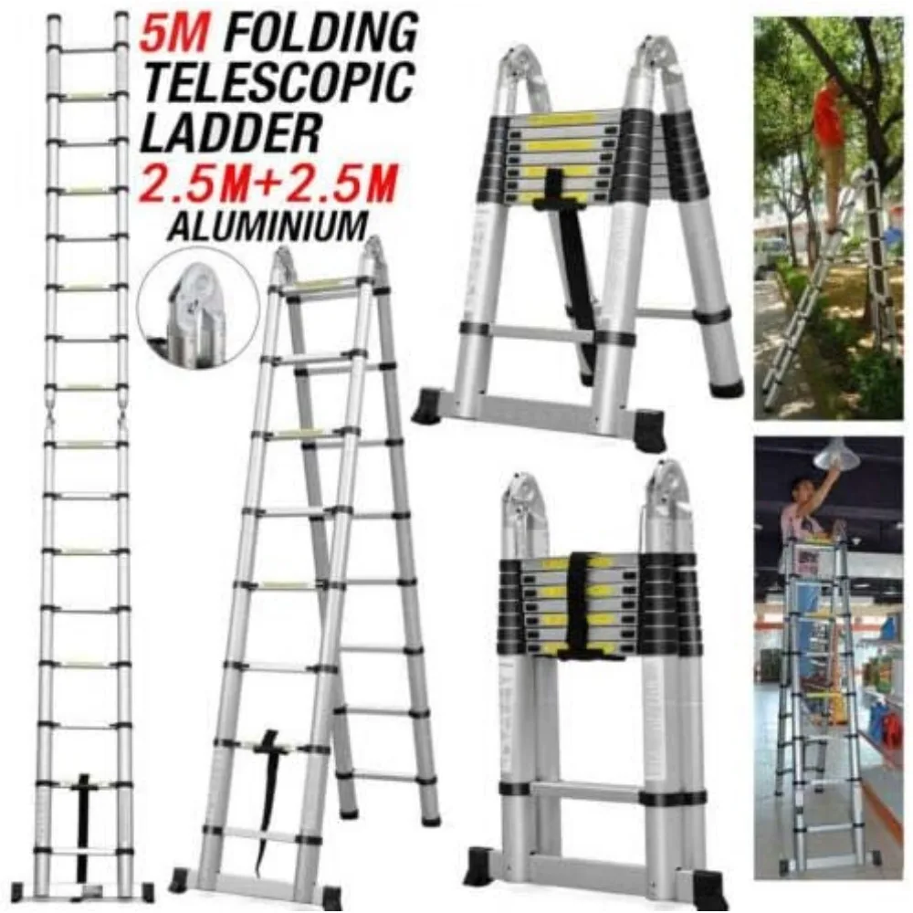 سلم تلسكوبي من الألومنيوم 5 متر ثنائي القسم 16.5 قدم سلم تسلق قابل للتمديد بسعة 330 رطل متعدد الأغراض شديد التحمل