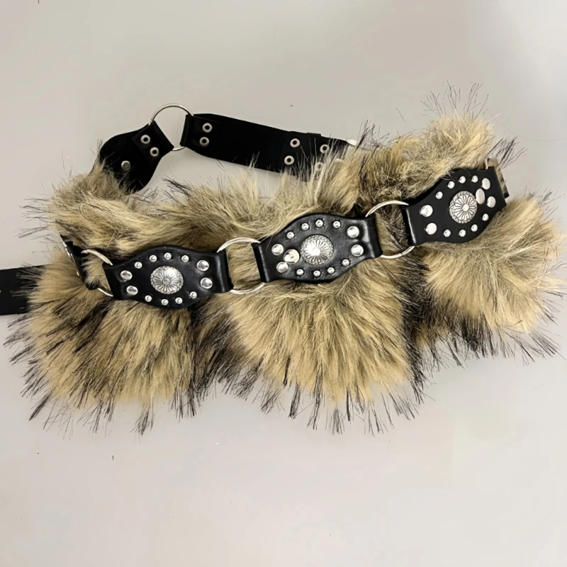 

A0NF 90s Western Type Waistband Punk Studded Faux Leather Furry Belt for Women Lady Adjustable Stylish Waist Accessory