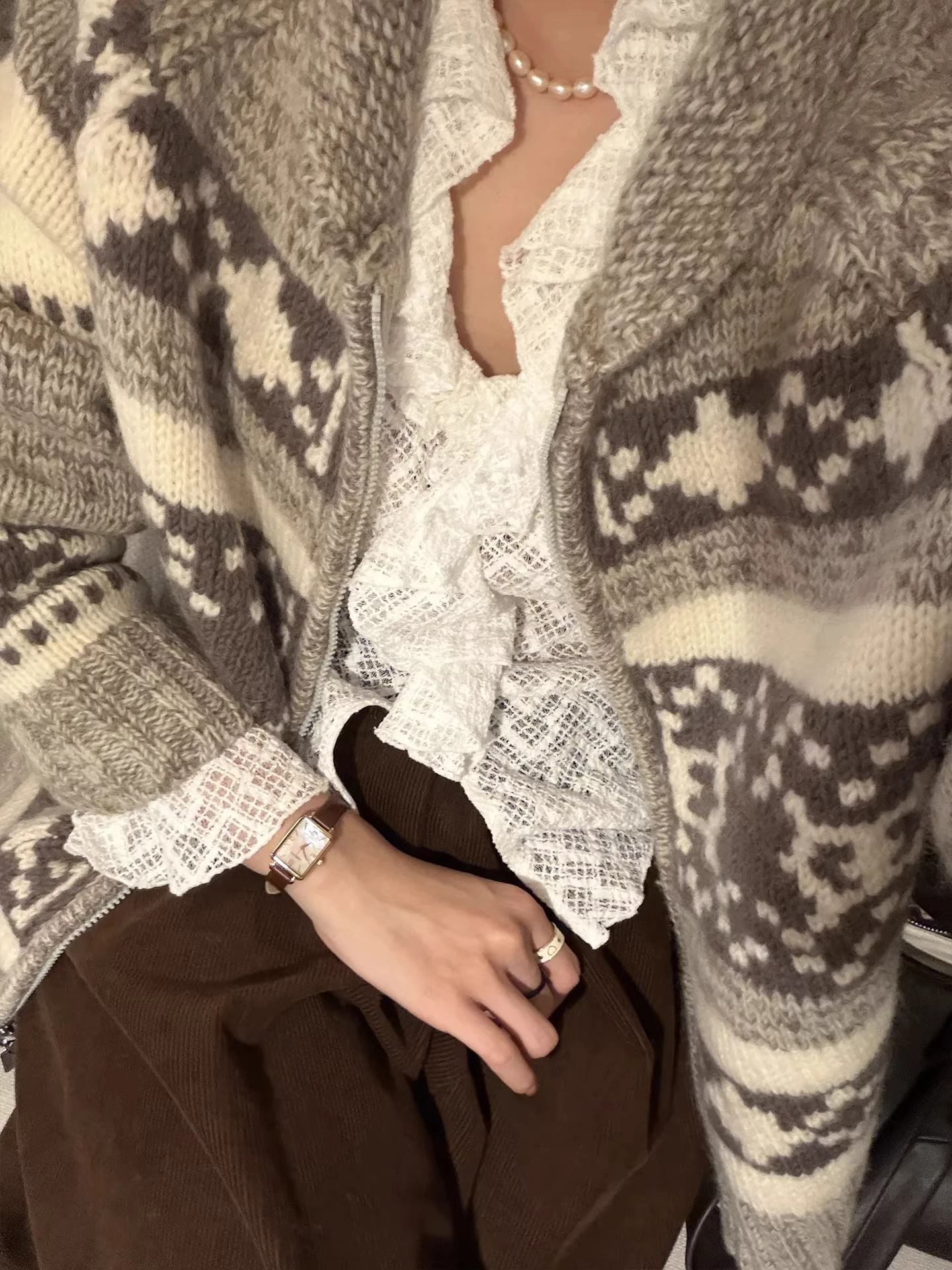 Nordic Sle Fair Isle Zipper Stricken Pullover Mantel frauen Herbst Winter Lose Fit Kragen Offene Strickjacke Weiche Warme Lange Sve