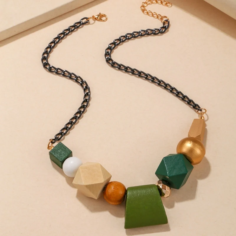 Vintage Ethnic Geometric Wooded Statement Bib Necklace Women Wood  Beads Pendants Necklaces Ladies Party Collar Fashion Jewelry