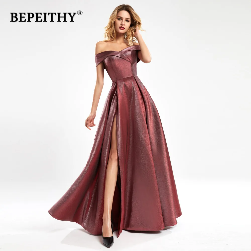 

BEPEITHY Glitter A Line Long Evening Dress High Slit Off The Shoulder Burgundy Prom Dresses 2023 Elegant Formal Occasion Dresses