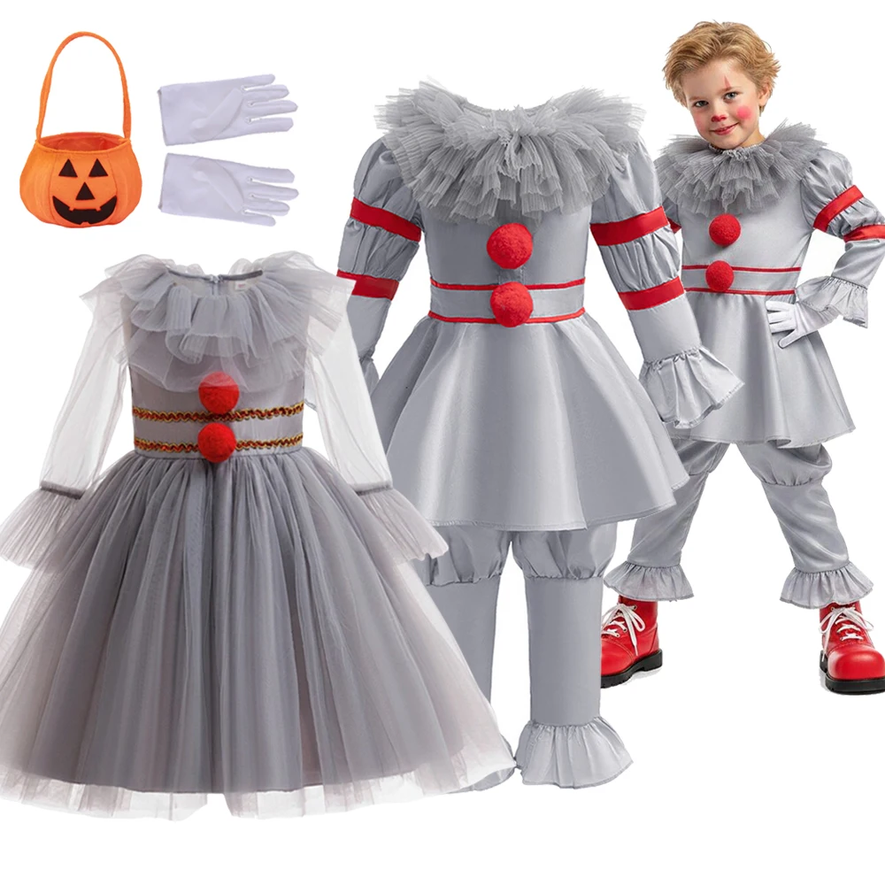 2026 Girls Boys Horrible Clown Costume Kids Scary Joker Children Cosplay Carnival Party Girls Dress Halloween Dress Up