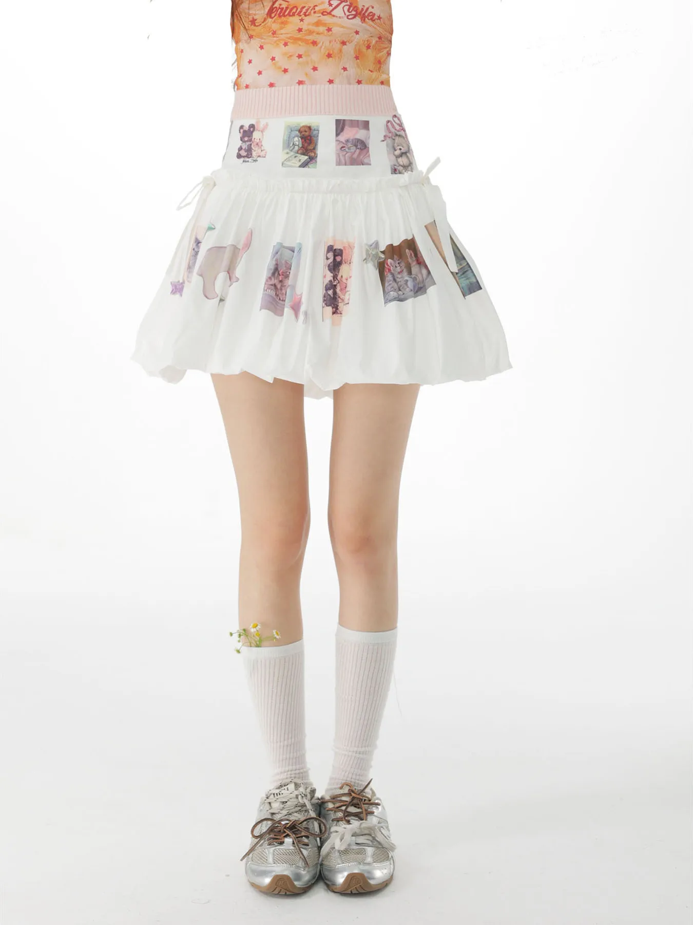 

ZiziFei Spring Bear Gathering High Waist Puffy Skirt Women's Summer Fun Print Half-length with Pocket Bear Design Polyester F...