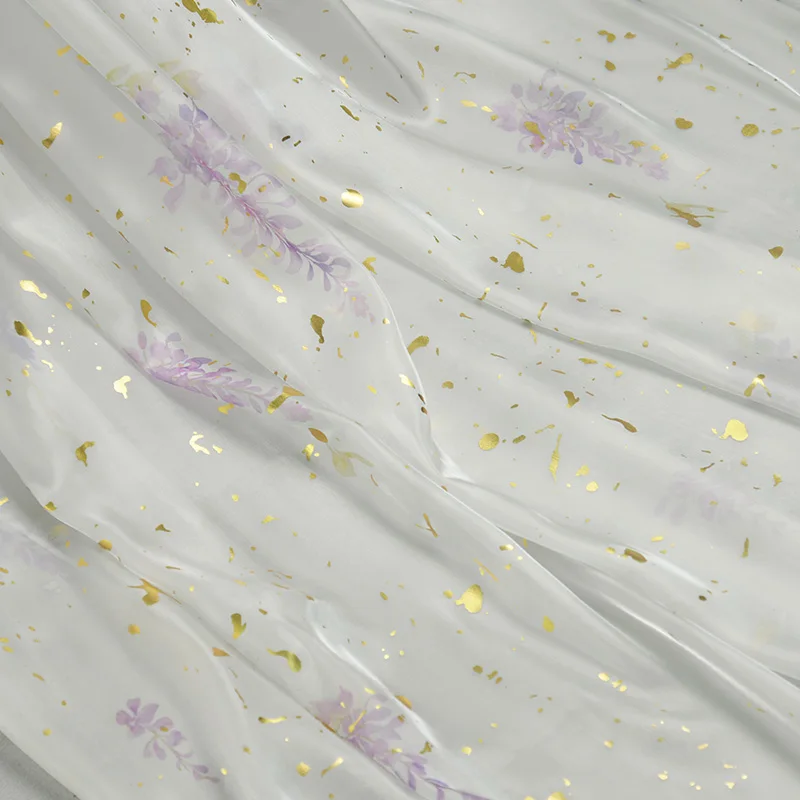 DIY Hanfu Chiffon Fabric Wisteria Bamboo Leaves Hanbok Upper Jacket Skirt Fabric White Background Hot Gold Print 150x100cm