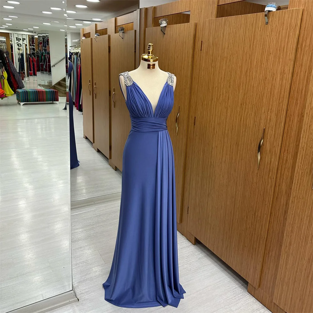 

Lily V Neck Charming Prom Dresses Gown Tank With beading Pleat Formal Gown Blue Stain Mermaid Evening Gowns vestidos de noche