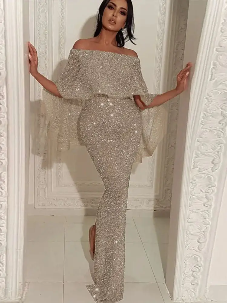 2025 Neuer Stil Großes Rüschenbesetztes Brustumwickeltes Einschultriges Kleid Glitzerndes Hüftschlitz-Abendkleid – Detail 2
