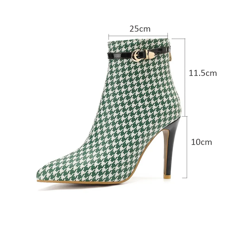 2023 Autumn New Chic Women Ankle Boots Fashion Houndstooth Pattern Ladies Thin High Heels Boots Female Modern Booties Size 47 48