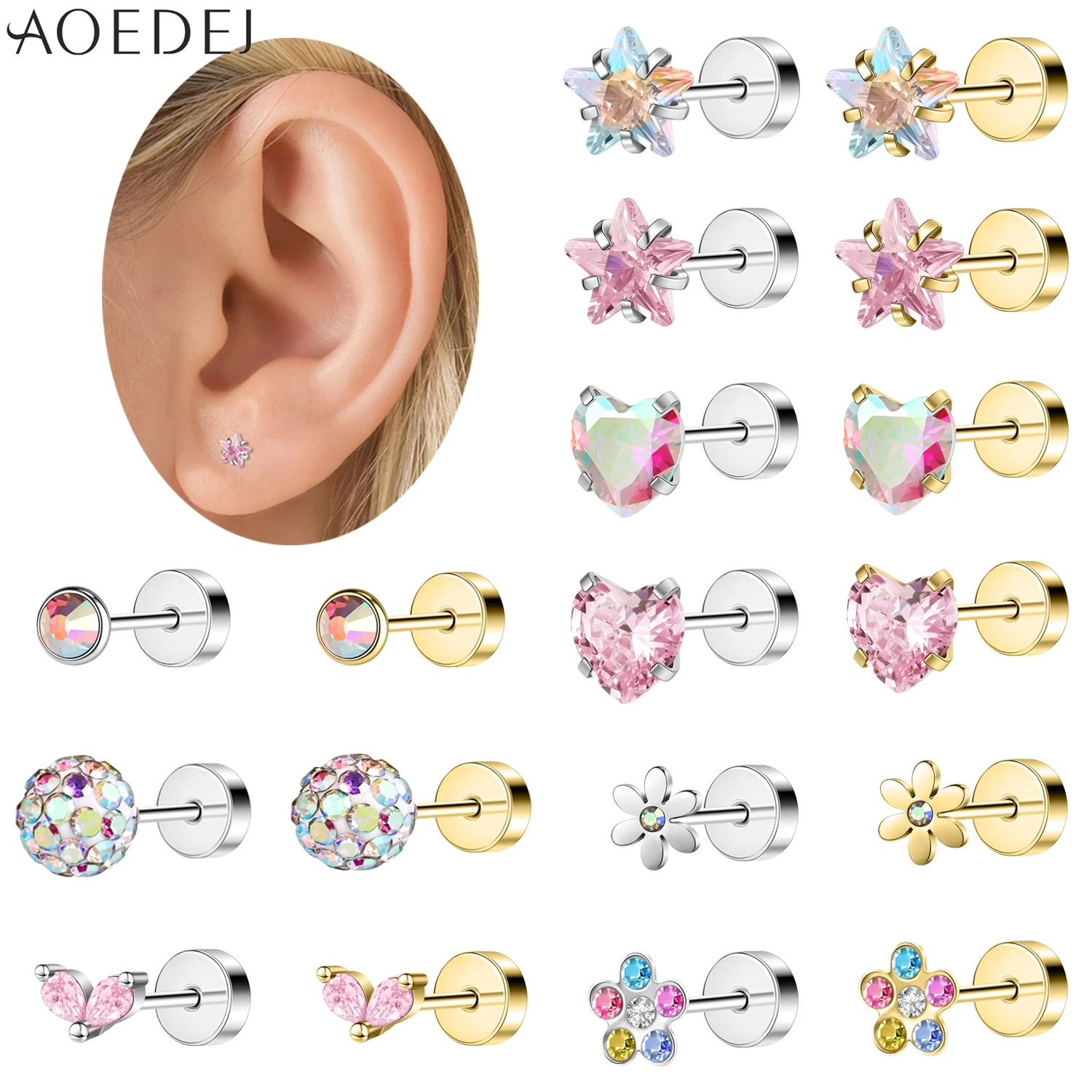 AOEDEJ 1 PC Stainless Steel 16G Flowers Star Shape Ear Studs 3MM CZ Crystal Stud Earrings Ear Piercings Helix Cartilage Jewelry