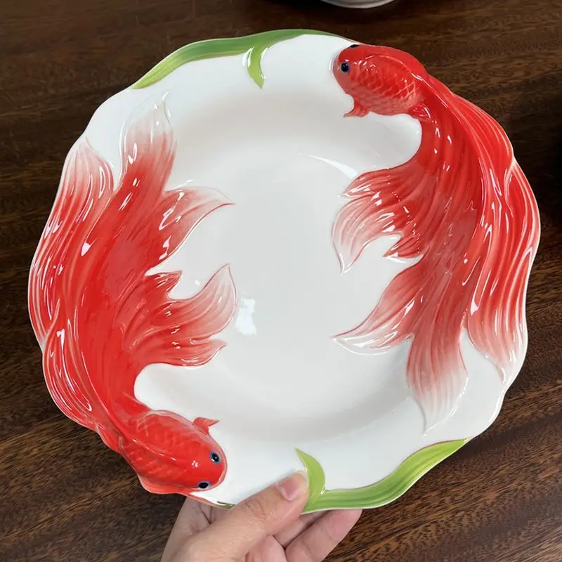 Chinese Koi Ceramic Deep Plate,Home 3D Relief Vegetable Plate Deep Soup Plate,Joyful Goldfish Bowl,Symbolizing Fortune Happiness