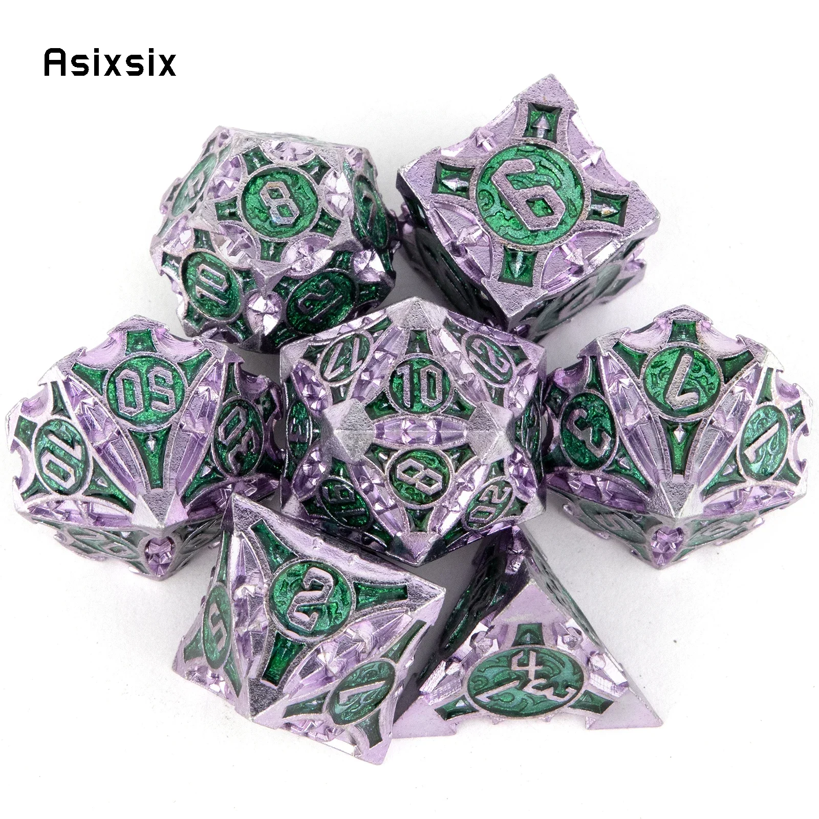 

7 Pcs Purple Green Metal Dice Solid Metal Polyhedral Dice Set Suitable for Role-Playing RPG Board Game Gift