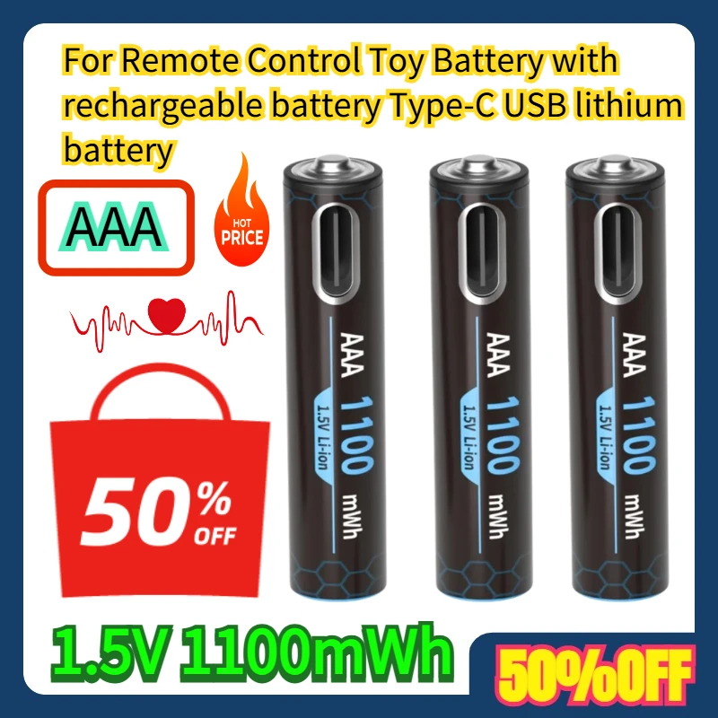 

For Remote Control Toy Battery 1.5V AAA rechargeable battery 1100mWh Type-C USB lithium battery