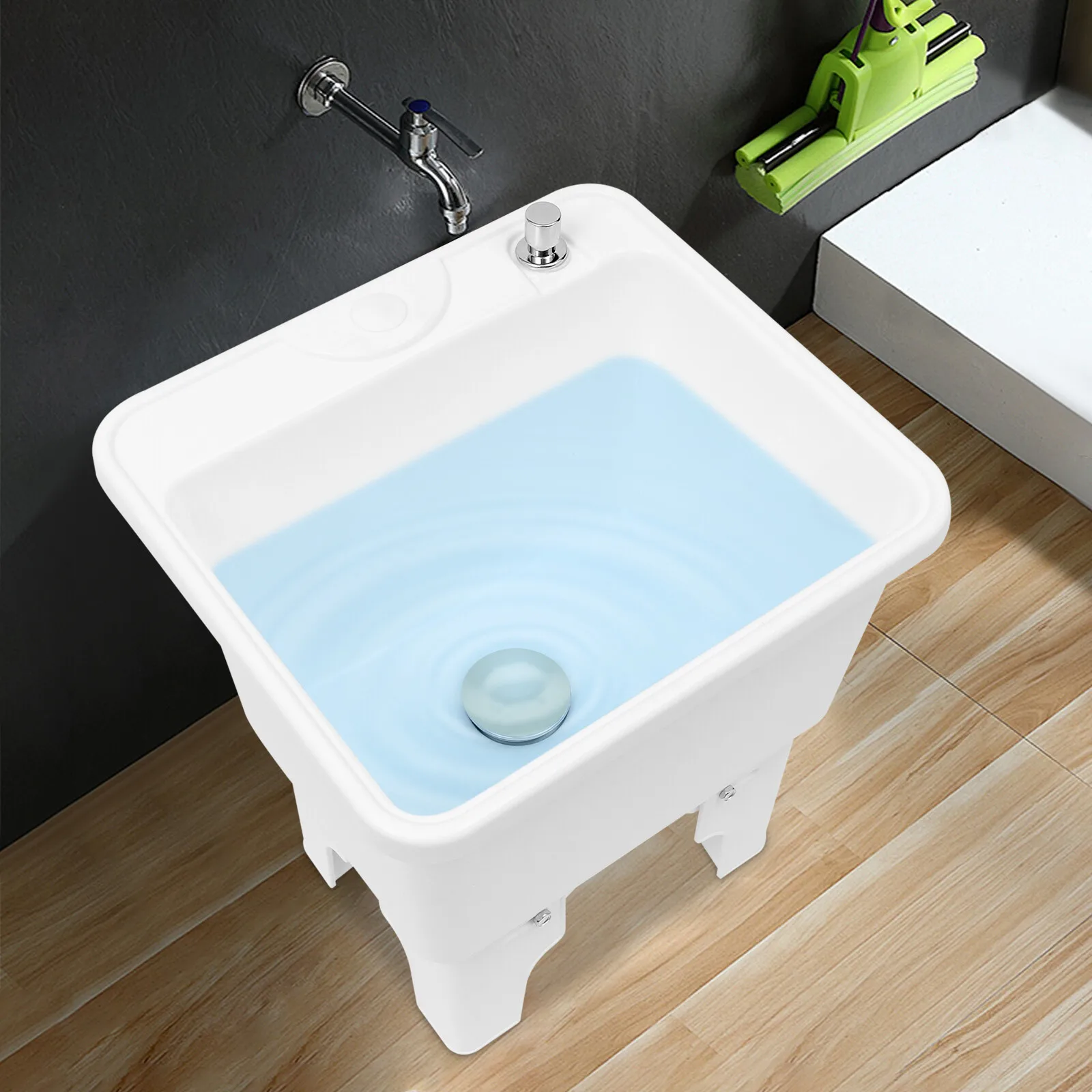 

Installation-Free White Modern Floor Mop Sink - Hand-Tightened Butterfly Screws&Easy Cleaning, Smooth Lines Fit Most Home Styles
