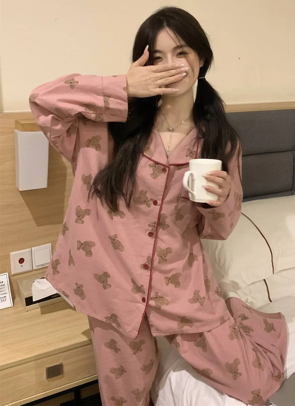 Korean Ins Style Cute Bear Pajamas Women\'s Spring and Autumn 2024 New Brushed Long Sleeve Long Pants Loungewear Set