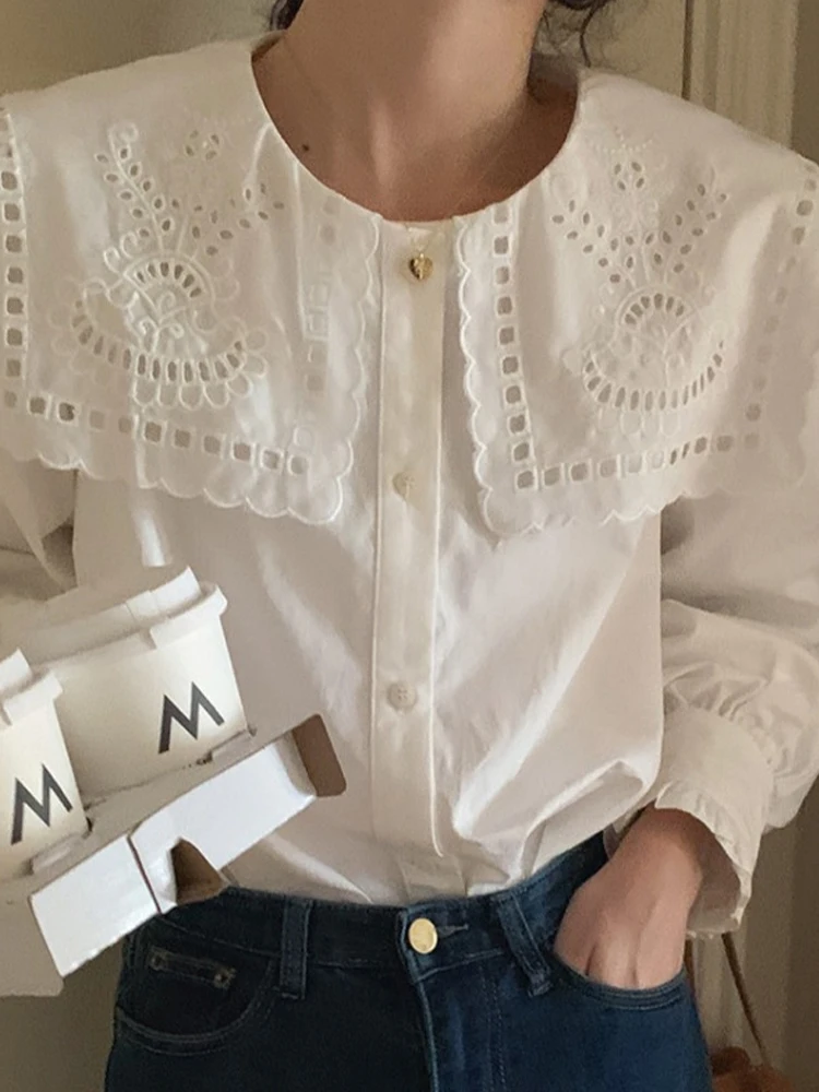 

Loose Korean Sle Navy Collar Embroidered irt Women's Long Sve White Base Layer irt Outerwear Autumn Faion