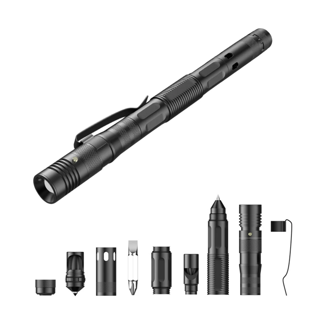 Caneta Esferográfica Multifuncional com Lanterna 100LM, Caneta Tática de Autodefesa, Frágil Window Breaker, EDC, Ferramenta de Sobrevivência ao Ar Livre