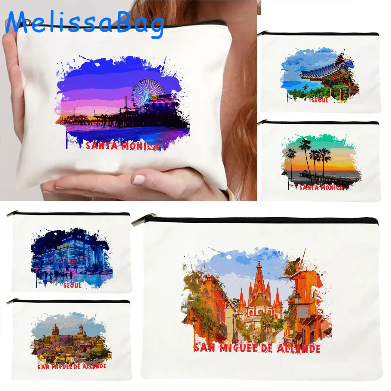 San Miguel De Allende Santa Monica Seoul Watercolor Painting Cute Canvas Cosmetic Bag Makeup Toilet Bag Pencil Case Zipper Pouch