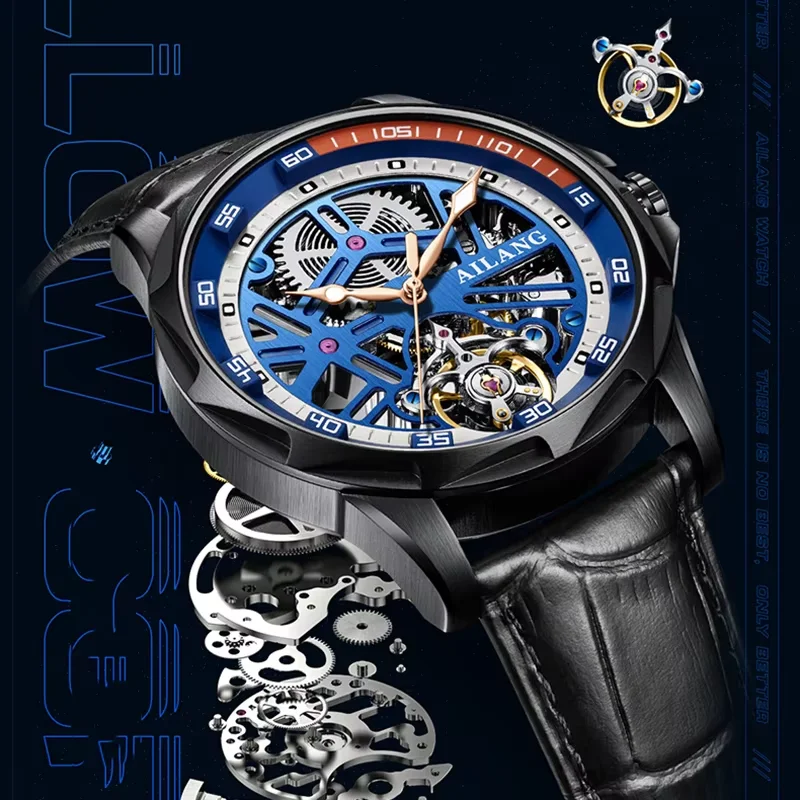 Durable Curved Glass Watch 8206 AILANG Tourbillon Steel Case Luminous Waterproof Automatic Mechanical Clock Birthday Gift