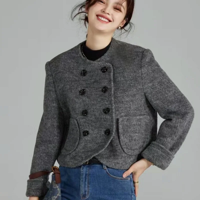 

Women's Wool Coat High Quality Luxury Celebrity Double-sided Tweed Jacket Solid Color Round Neck Double-breasted Outerwear Tops