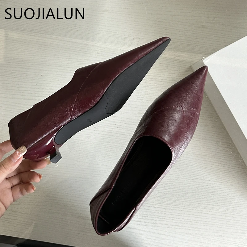 SUOJIALUN Autumn Women Pumps Shoes Fashion Pointed Toe Slip On Ladies Elegnat Boat Shoes Thin Low Heel Outdoor Office Lady Shoes