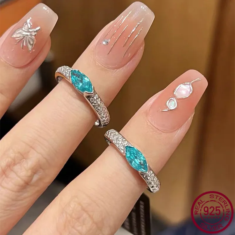 

New S925 Silver Inlaid 5 * 10mm Horse Eye Green Diamond Personalized Ring for Women's Simple Daily Ins Versatile