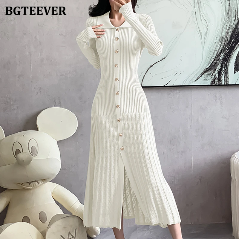 เดรสไหมพรมทรงเข้ารูปสำหรับผู้หญิง แบรนด์ BGTEEVER ดีไซน์หรูหรา กระดุมแถวเดียว ความยาวปานกลาง คลุมสะโพก เหมาะสำหรับฤดูใบไม้ร่วงและฤดูหนาว ปกเสื้อแบบปกเชิ้ต แขนยาว