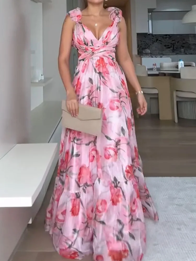 Summer Women Sleeveless Casual Maxi Dress, Printing Patchwork Simple Chic Party Dress, 2025 V Neck Backless Ladies Dress Vestido