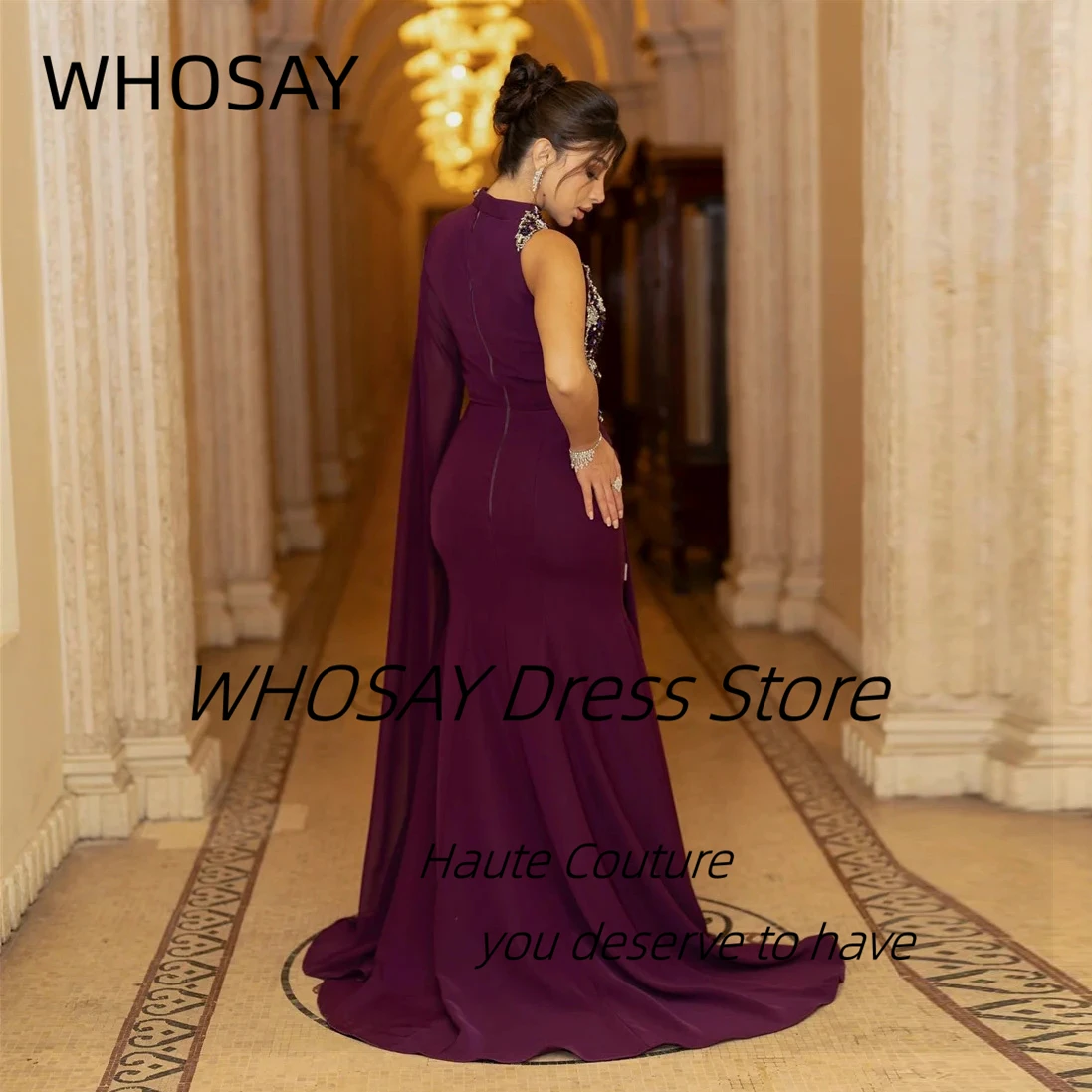 WHOSAY-Robe de soirée perlée à col haut pour femme, manches longues, robe de Rh, froncée, personnalisée, stérilie saoudite