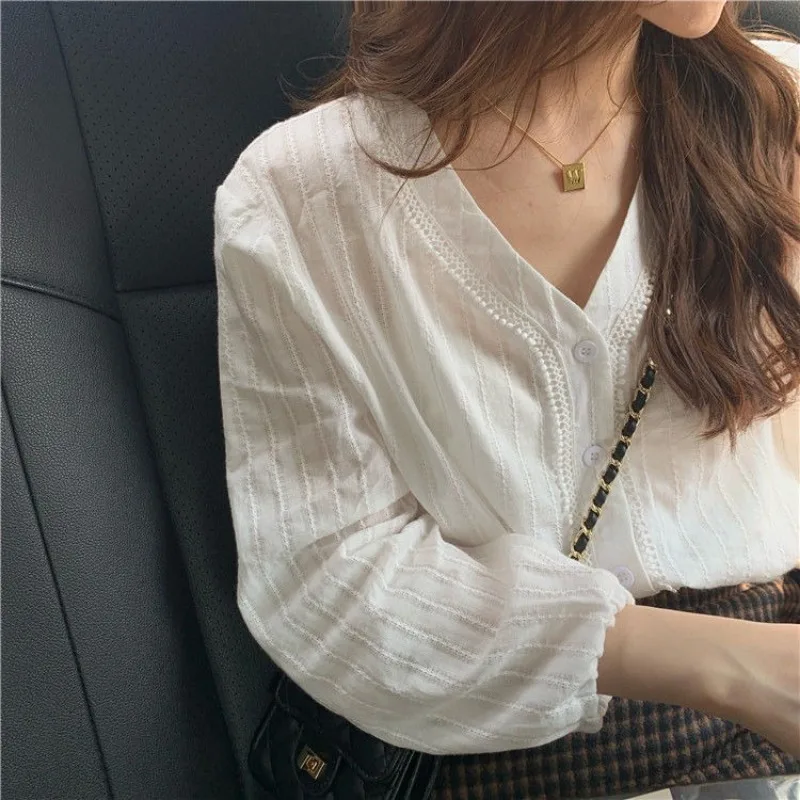 Women\'s Long Sleeve Lace Blouse, V-neck Buttons, White Shirt, Elegant Loose Tops, Ladies Casual Clothes, Spring, Autumn, 8208