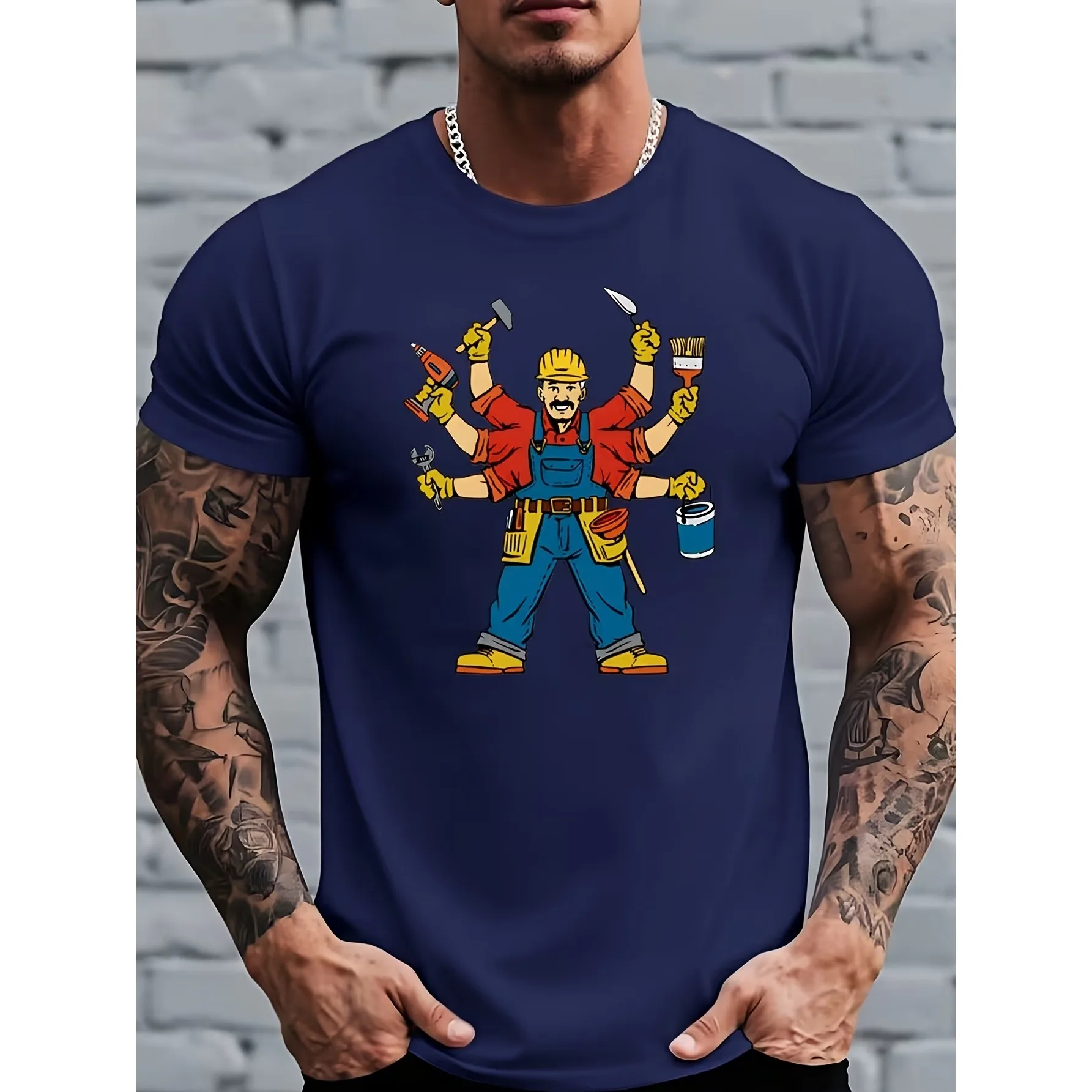Retro Humorous Cartoon Style Workwear Enthusiast Multi-Functional Pattern Print T-Shirt All-Season Comfortable Wear