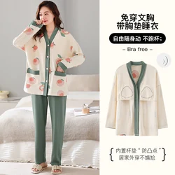 Newest Autumn Winter 100%Cotton Women's Long Sleeve Pajamas Set V- Neck Loose Soft M-5XL Female Pyjamas With Cheast Pad