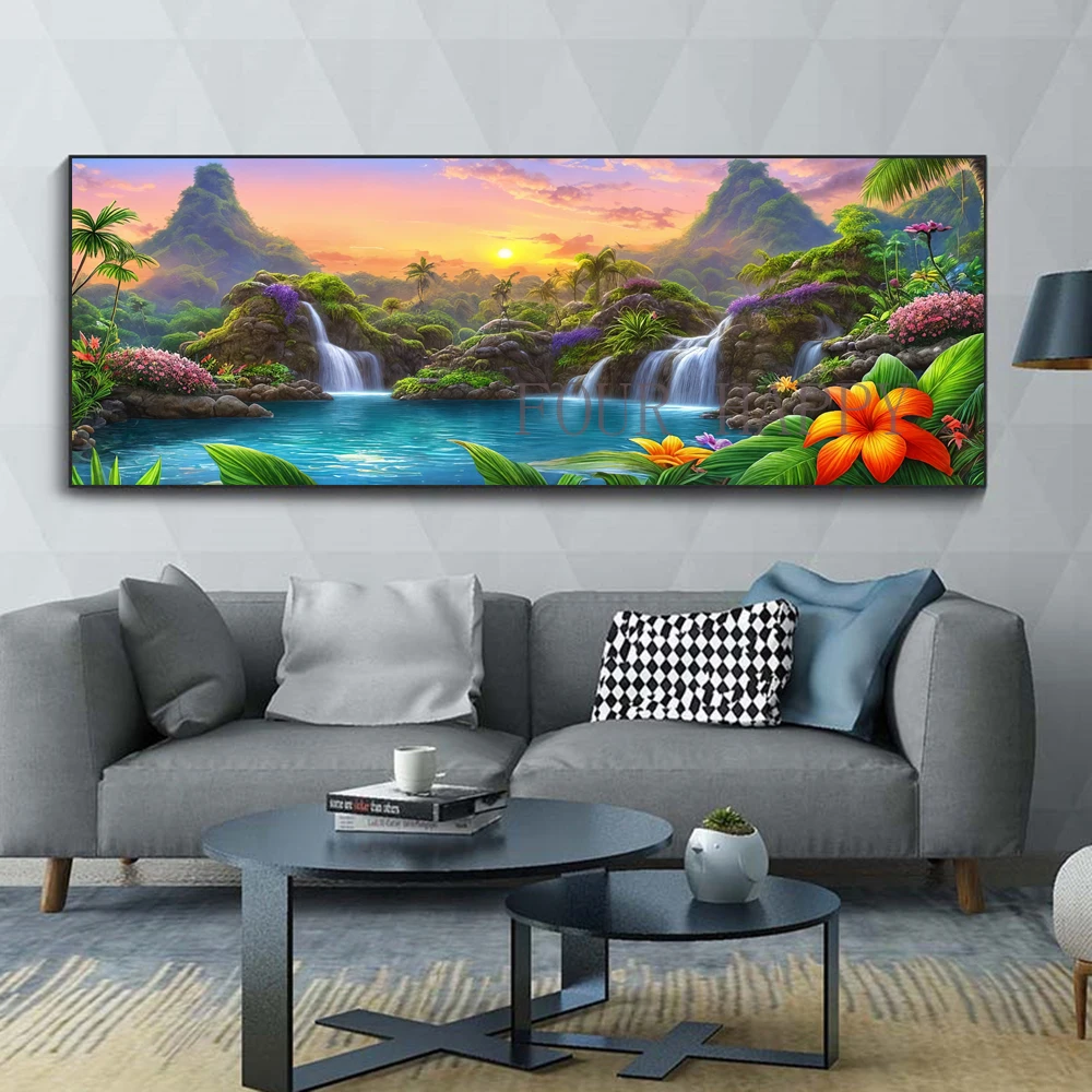 Pittura diamante grande fai da te, paesaggio, fiume dell\'albero del sole, arte della parete, trapano rotondo completo, ricamo, decorazioni per la