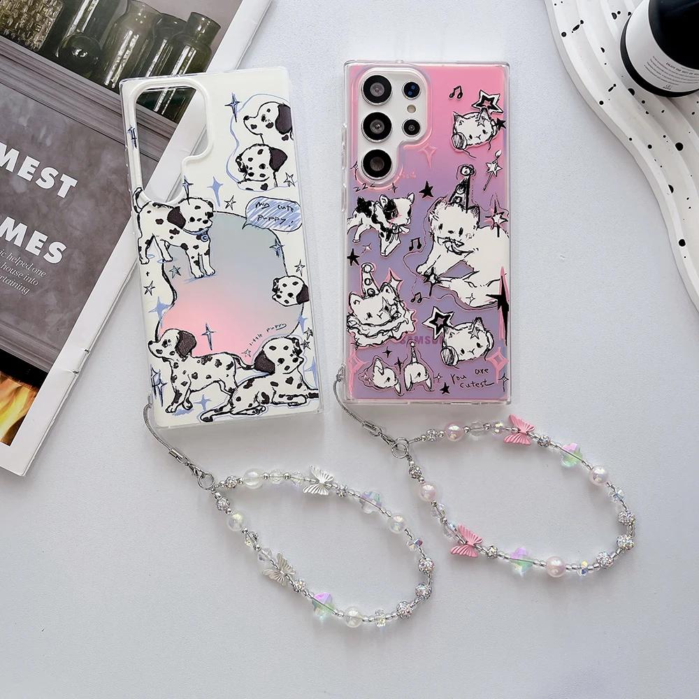 

Luxury Laser Cat Dalmatian with Lanyard Phone Case for Samsung Galaxy S22 S23 S24 FE Plus Ultra A53 A54 A34 S23 5G Back Cover