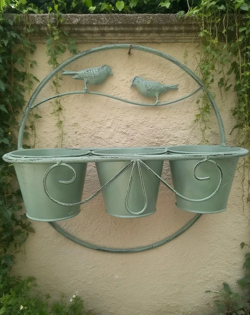 Vintage Wall Mounted Metal Planter with Bird Accents, 3 Bucket Circular Design, Distressed Green or White Finish, 16.5x10.5 Inch