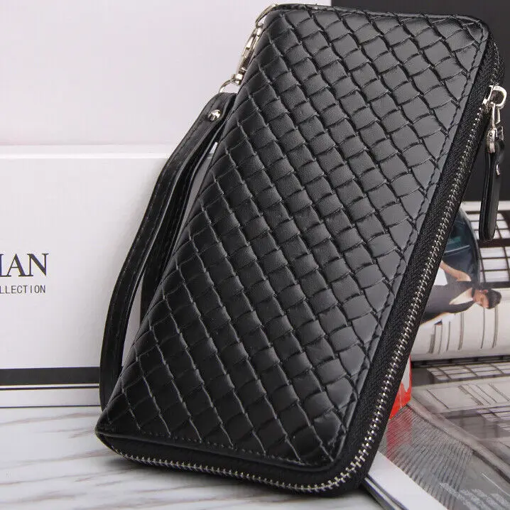 

Men's Leather Handbag Zipper Large Capacity Long Wallet Clutch Phone Bag Multi-card Holder Money Purse WIth Wrist Strap