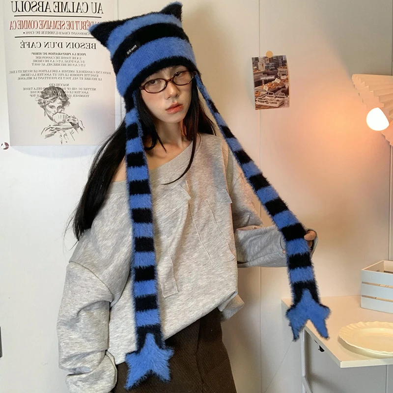 

Y2k Knit Hat Y2k Cat Ear Knitted Cap Sweet Beanie Hat Star Striped Plush Knitted Hat Autumn Winter Hip-hop Crochet Women's Hats