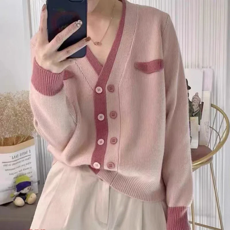 Casual Double Breasted Wool Cardigan Autumn New Korean Style Loose Patchwork Jacket Fashion Soft Sweater Coat