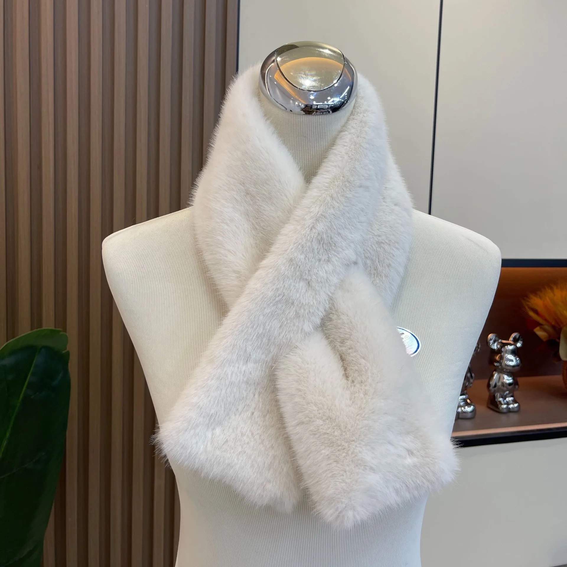 Women Winter Warm Thicken Cross Collar Scarf Solid Color Faux Rabbit Fur Cold Proof Scarves Fashion Soft Furry Neck Warmer