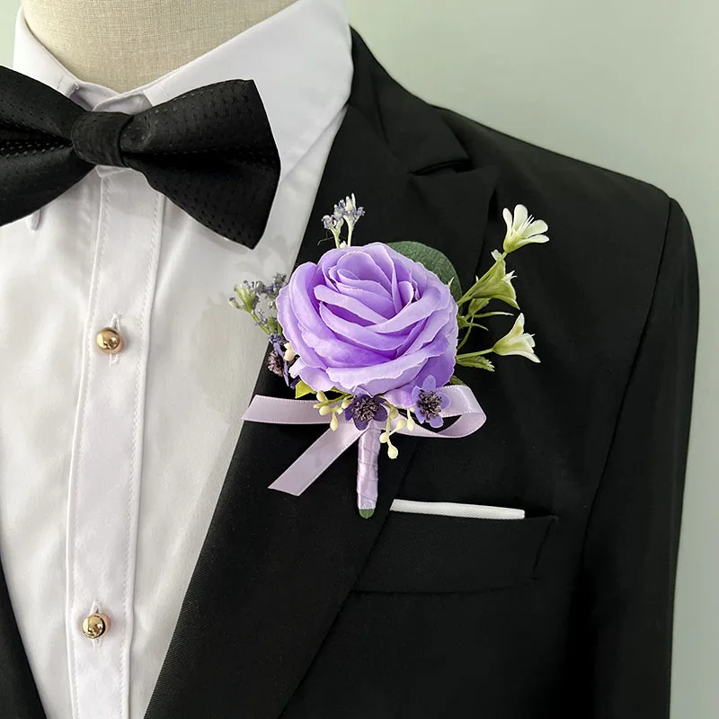 Fioletowe akcesoria ślubne butonierka kwiaty Girlfriend lawendowa sztuczne róże na bal Boutonniere